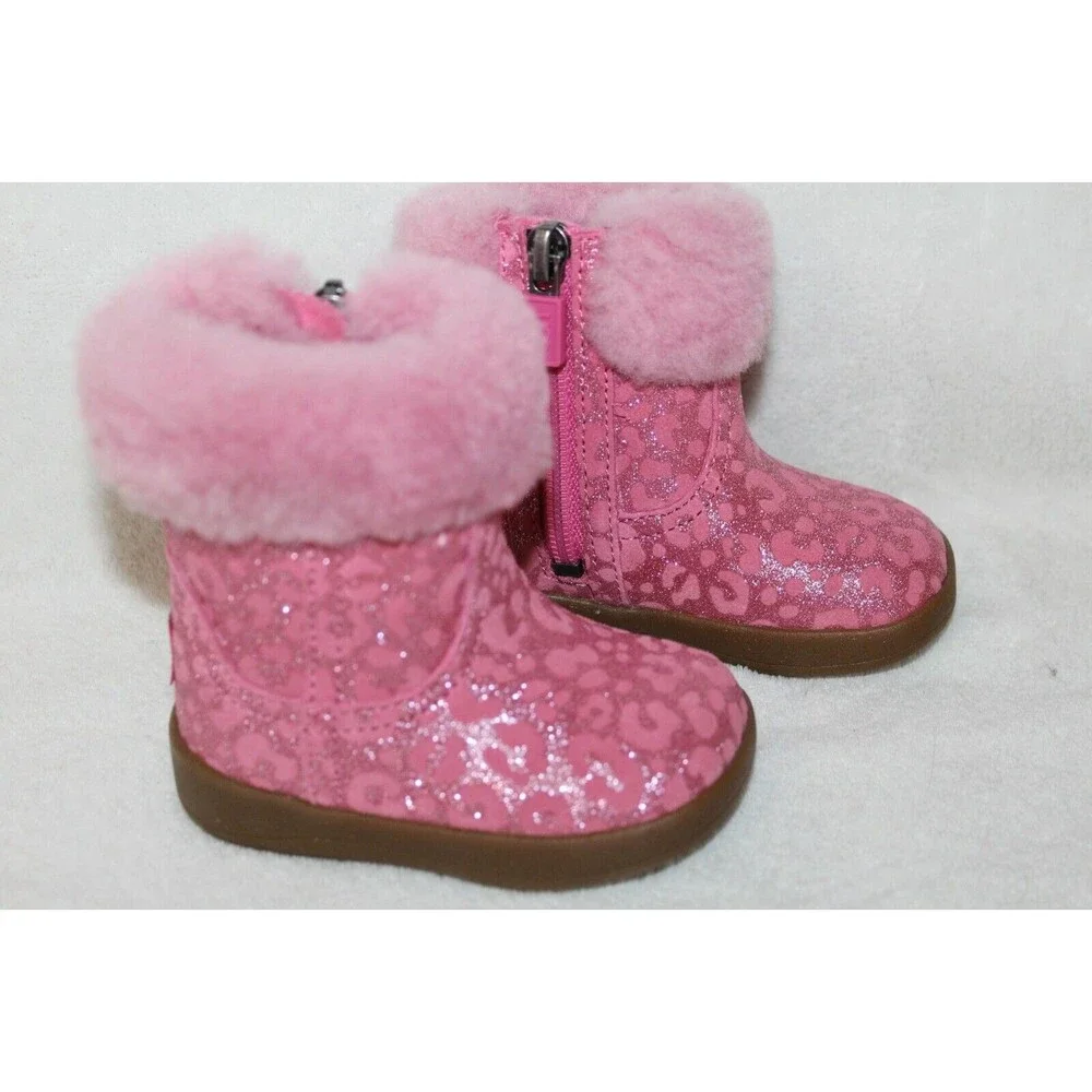 NIB UGG Girls Infant Metallic Pink‎ Leopard Shearling Boots Booties 2/3